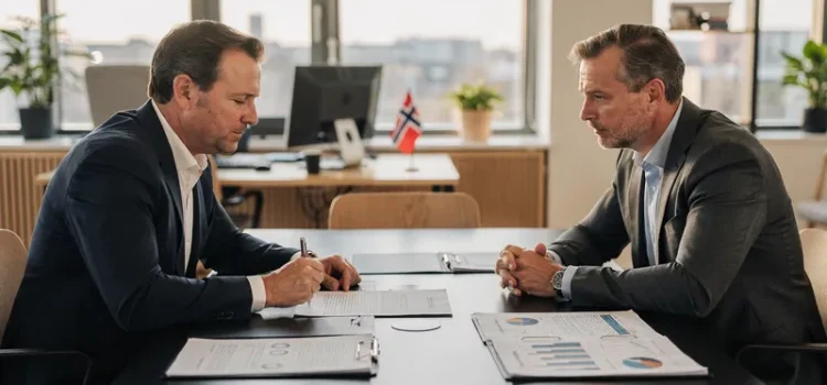 Klarna-avknoppning lägger halv miljard på norskt köp Affärsmöte med dokument och norsk flagga i bakgrunden, symboliserar företagsförvärv