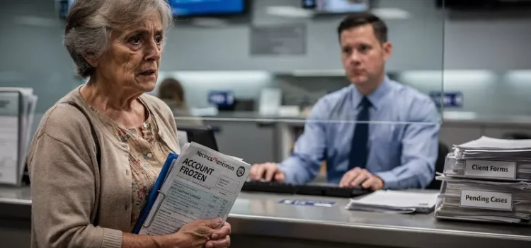 När bankernas säkerhetskontroller blir en mardröm för vanliga kunder Äldre kvinna vid bankdisk med handlingar för fryst konto