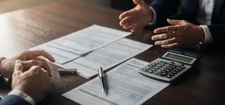 Låneansökan dokument på skrivbord med kalkylator och penna