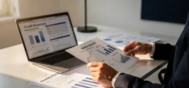 Person granskar kreditdokument vid skrivbord med laptop i professionell miljö