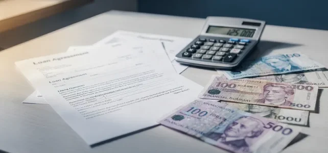 Vad är skillnaden mellan ränta och amortering? Kalkylator och lånedokument på skrivbord som illustrerar ränta och amortering