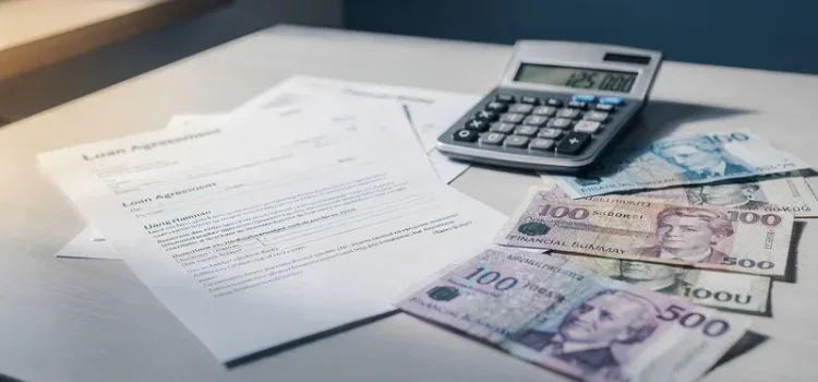 Kalkylator och lånedokument på skrivbord som illustrerar ränta och amortering