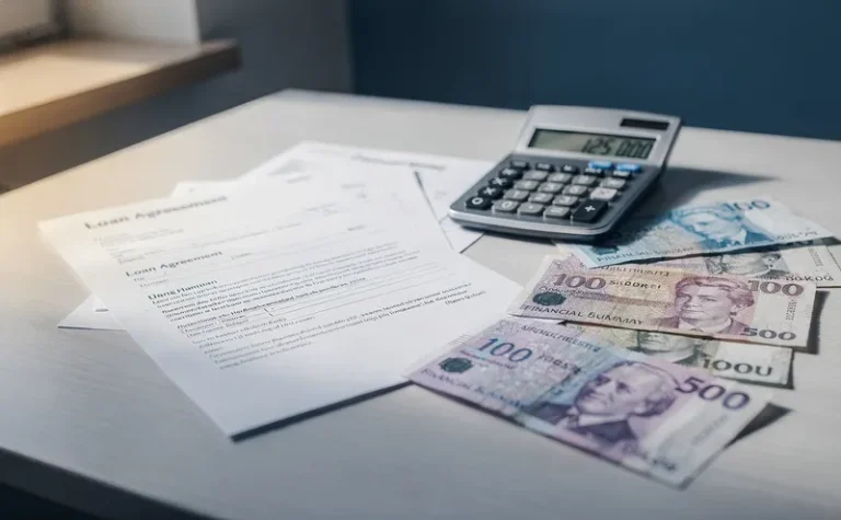 Kalkylator och lånedokument på skrivbord som illustrerar ränta och amortering