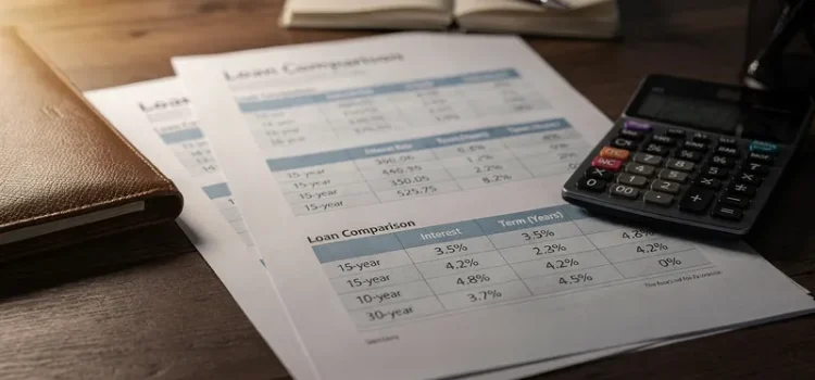 Lånehandlingar och kalkylator på skrivbord för jämförelse av lånerbjudanden