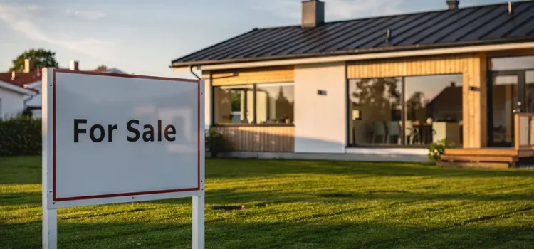 Svenskt villaområde med till salu-skylt framför hus