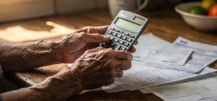 Äldre person räknar på ekonomi med miniräknare vid köksbord