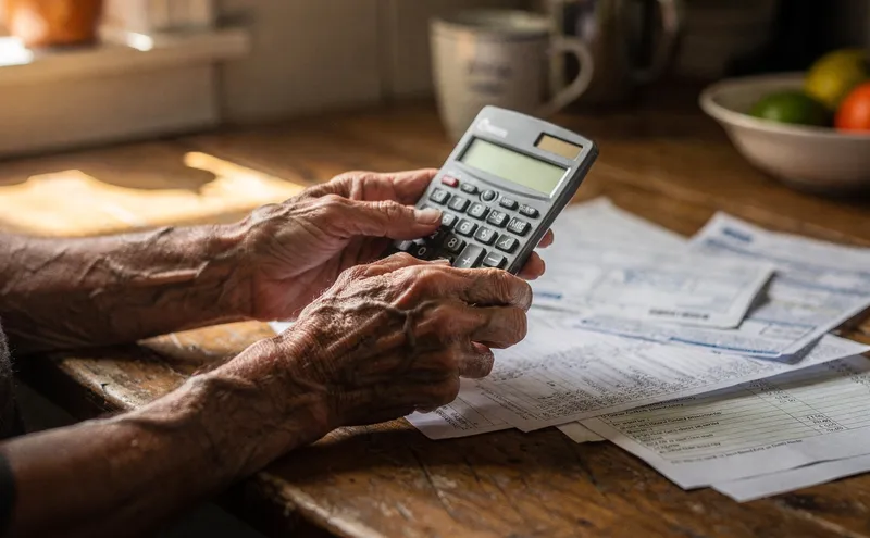Äldre person räknar på ekonomi med miniräknare vid köksbord
