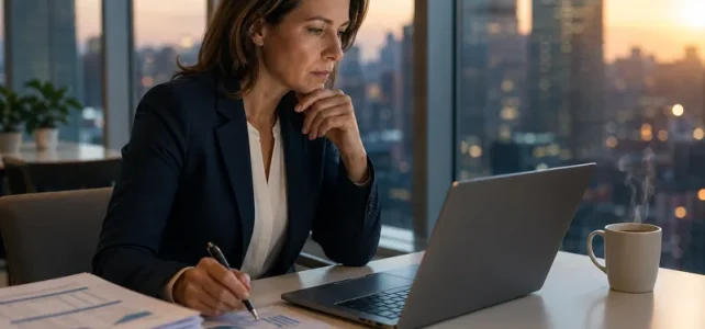 Kvinna analyserar ekonomiska prognoser på laptop i modernt kontor med utsikt över stad