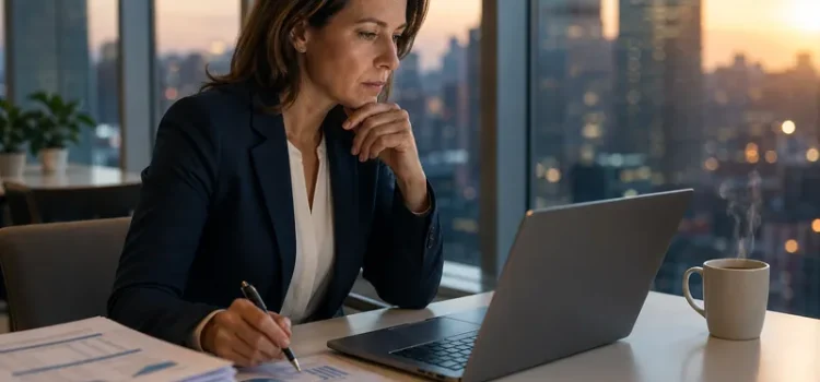 Kvinna analyserar ekonomiska prognoser på laptop i modernt kontor med utsikt över stad