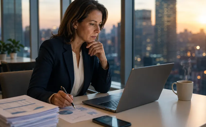 Kvinna analyserar ekonomiska prognoser på laptop i modernt kontor med utsikt över stad
