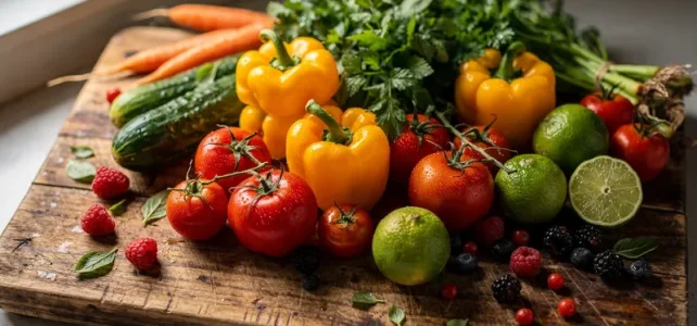 Färska grönsaker och frukt arrangerade på träskärbräda
