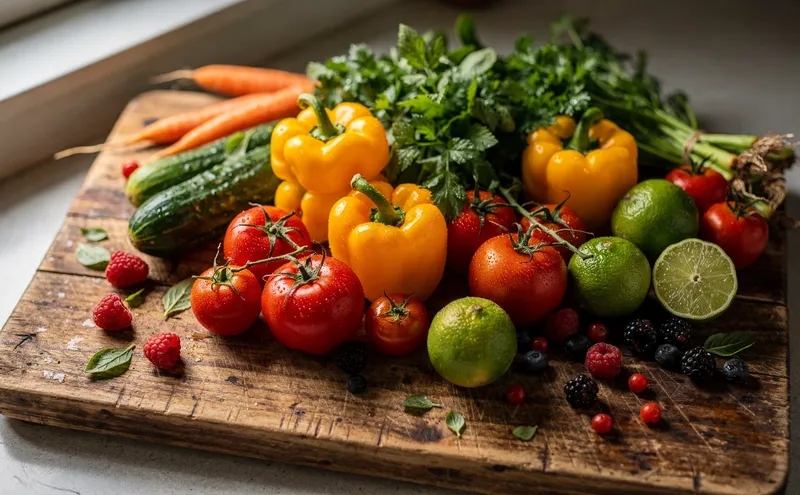 Färska grönsaker och frukt arrangerade på träskärbräda