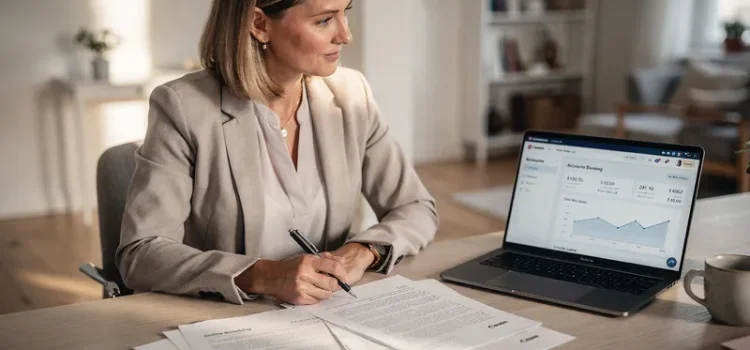 Kvinna granskar lånehandlingar vid skrivbord med laptop