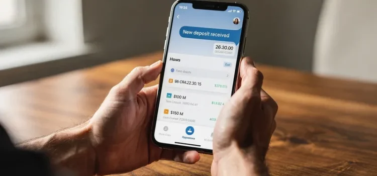Person kollar banknotis på telefon vid skrivbord