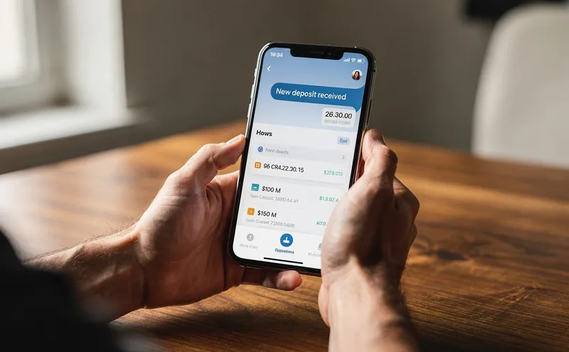 Person kollar banknotis på telefon vid skrivbord