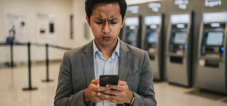 Person med telefon framför bankomater, frustrerad över tekniska problem