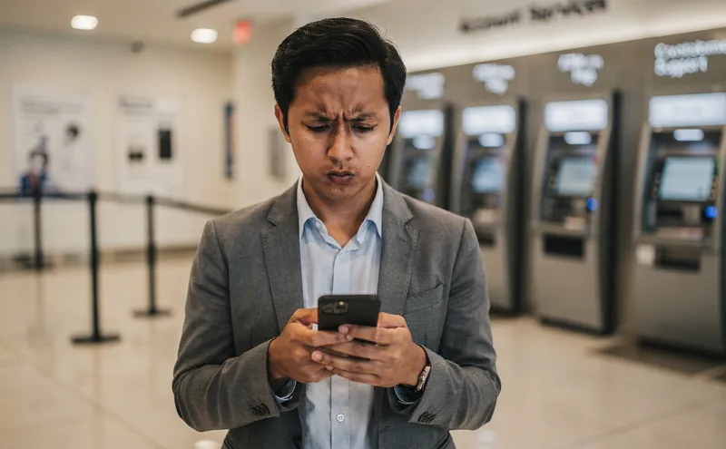 Person med telefon framför bankomater, frustrerad över tekniska problem