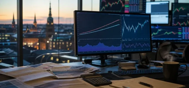 Finansiella marknadsdata på skärmar i modernt kontor med stockholmsutsikt