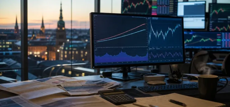 Japans skuldkris pressar räntor globalt och påverkar din ekonomi Finansiella marknadsdata på skärmar i modernt kontor med stockholmsutsikt