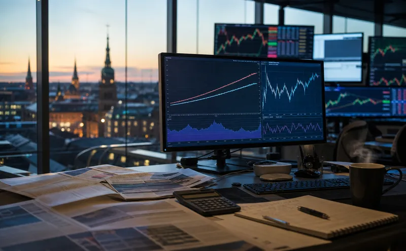 Finansiella marknadsdata på skärmar i modernt kontor med stockholmsutsikt