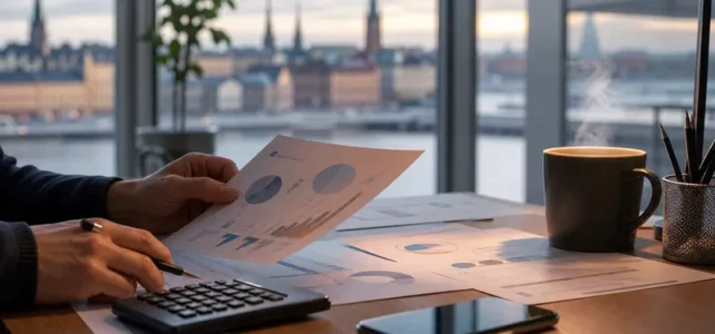 Händer som granskar finansiella dokument på skrivbord med kalkylator
