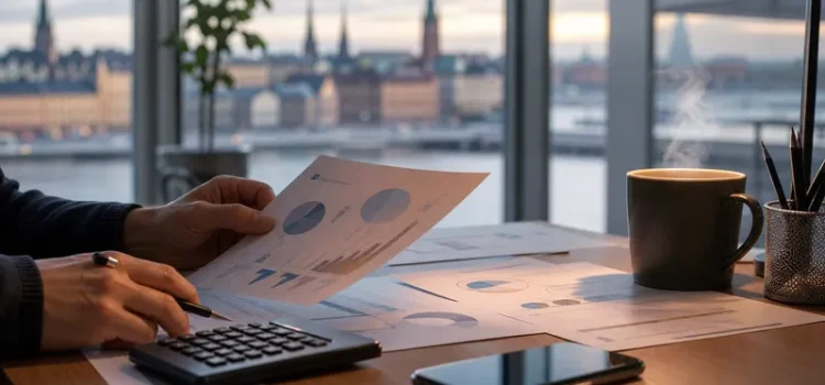 Hur Riksbankens beslut om styrräntan påverkar din ekonomi Händer som granskar finansiella dokument på skrivbord med kalkylator