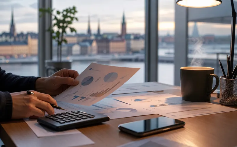 Händer som granskar finansiella dokument på skrivbord med kalkylator
