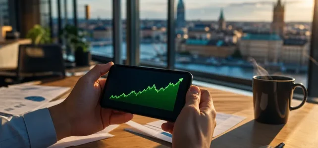 Händer som håller smartphone med stigande aktiekurs, kontorsmiljö i bakgrunden