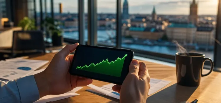 SBB-aktien rusar 10 procent men skulderna oroar småspararna Händer som håller smartphone med stigande aktiekurs, kontorsmiljö i bakgrunden