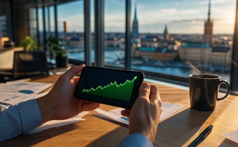 Händer som håller smartphone med stigande aktiekurs, kontorsmiljö i bakgrunden