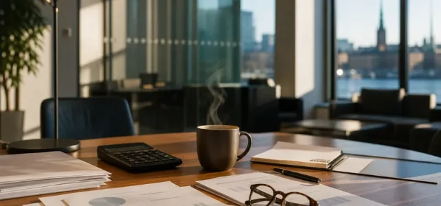 Bankkontor med finansiella dokument på skrivbord, kvällsljus genom fönster