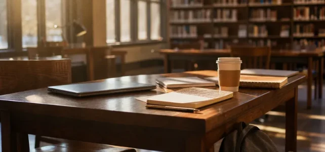 Tomt skrivbord på universitetsbibliotek med anteckningsböcker och laptop