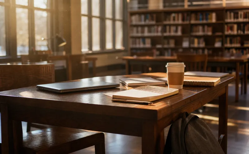 Tomt skrivbord på universitetsbibliotek med anteckningsböcker och laptop