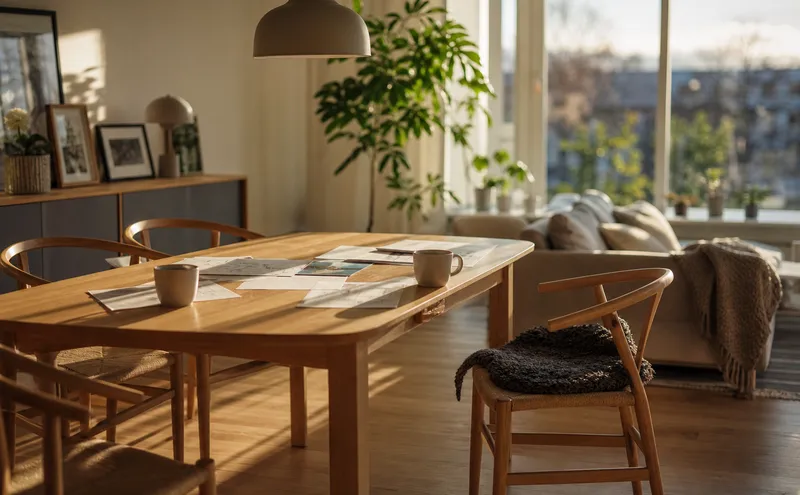 Vardagsrum med kaffekoppar och papper på bord, familjesamtal om ekonomi