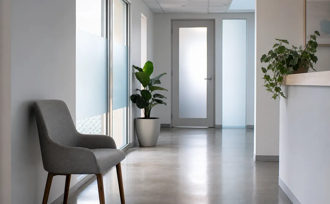 Modern hälsoklinik med tomt väntrum i tidigt morgonljus