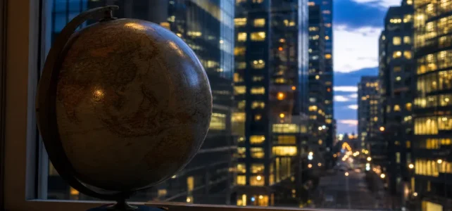 Världsbanken fasar ut lånen till Kina helt till 2031 Jordglob i fönster mot upplyst skyline, symbol för globala kapitalflöden