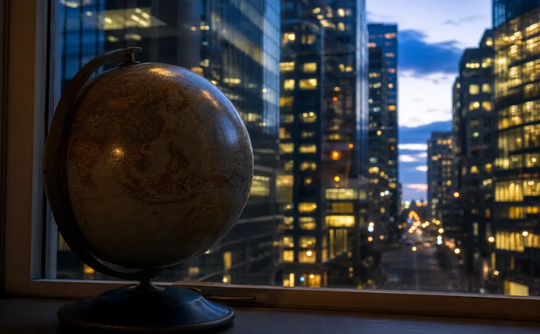 Jordglob i fönster mot upplyst skyline, symbol för globala kapitalflöden