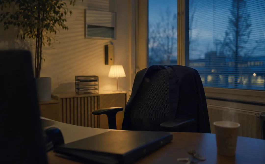 Tomt kontor med kavaj över stolen, symbol för företagares situation vid ny lag