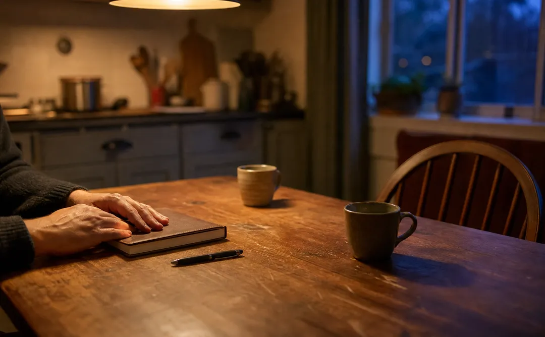 Bord med anteckningsbok och kaffekoppar, symbol för avtal mellan familjemedlemmar