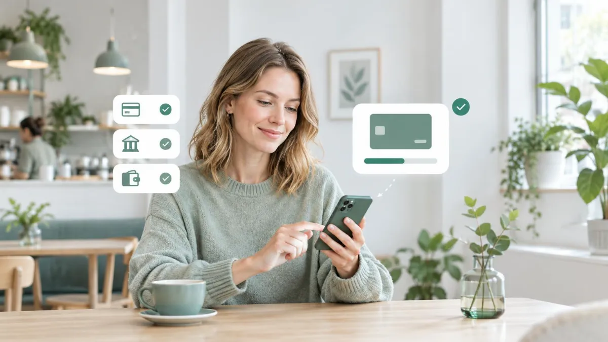 Kvinna på ett café som tar ut pengar från sin kontokredit i mobilen