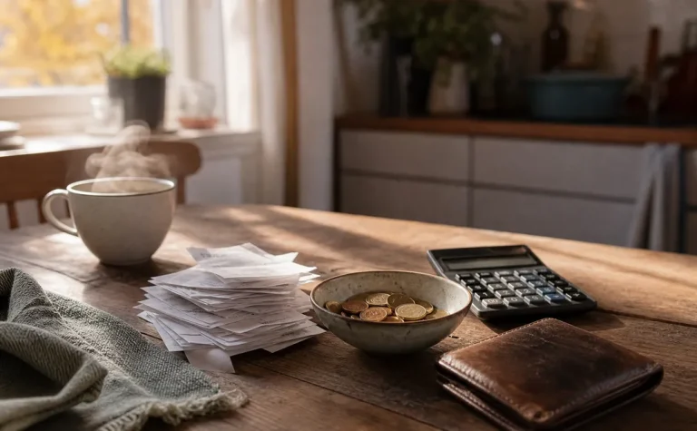 Hushållsbudget med kvitton, mynt och miniräknare vid köksbordet