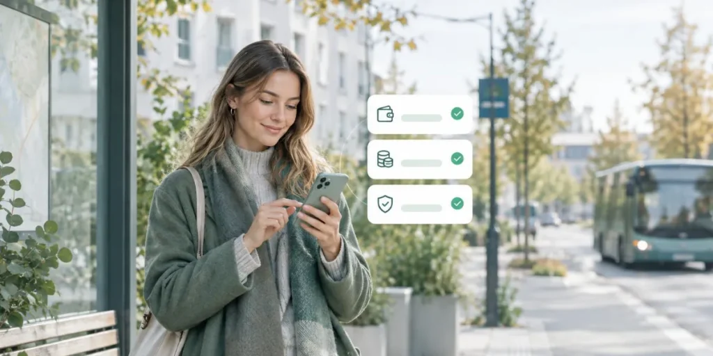 Ung kvinna vid en busshållplats som ansöker om ett lån på 1000 kr i mobilen