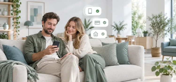 Par i en möbelbutik som jämför ett lån på 15 000 kr i mobilen