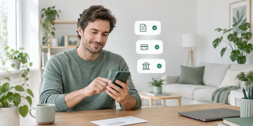 Man som betalar en räkning och jämför ett lån på 2000 kr i mobilen