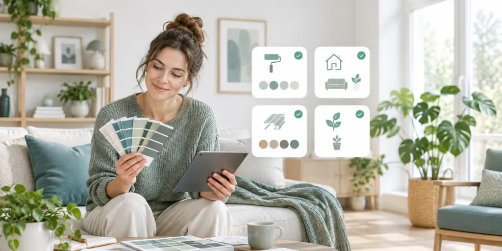 Kvinna som planerar en renovering med färgprover och jämför lån på 20 000 kr