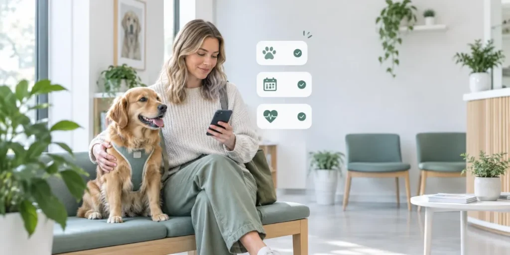 Kvinna med sin hund på veterinärkliniken som ser över ett lån på 25 000 kr i mobilen