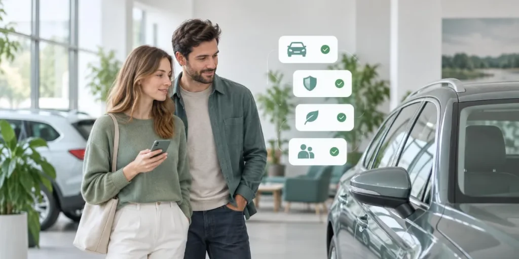 Ungt par som tittar på en begagnad bil och jämför billån i mobilen