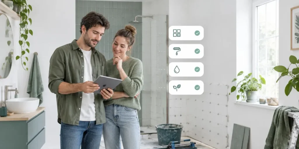 Par i ett badrum under renovering som jämför lån på 300 000 kr