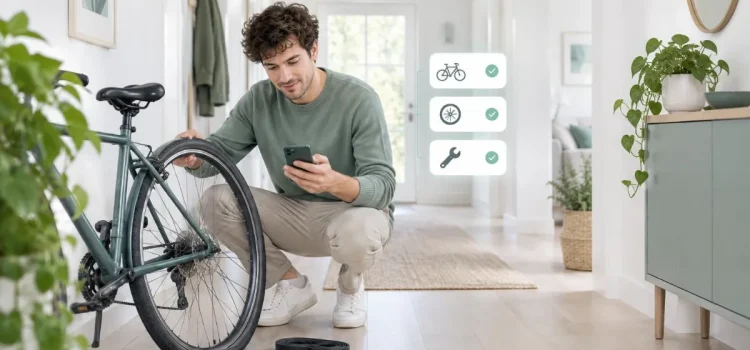 Ung man som lagar sin cykel och ansöker om ett lån på 3000 kr i mobilen