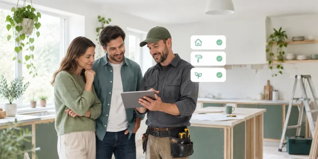 Par som planerar en köksrenovering med en hantverkare och jämför lån på en surfplatta